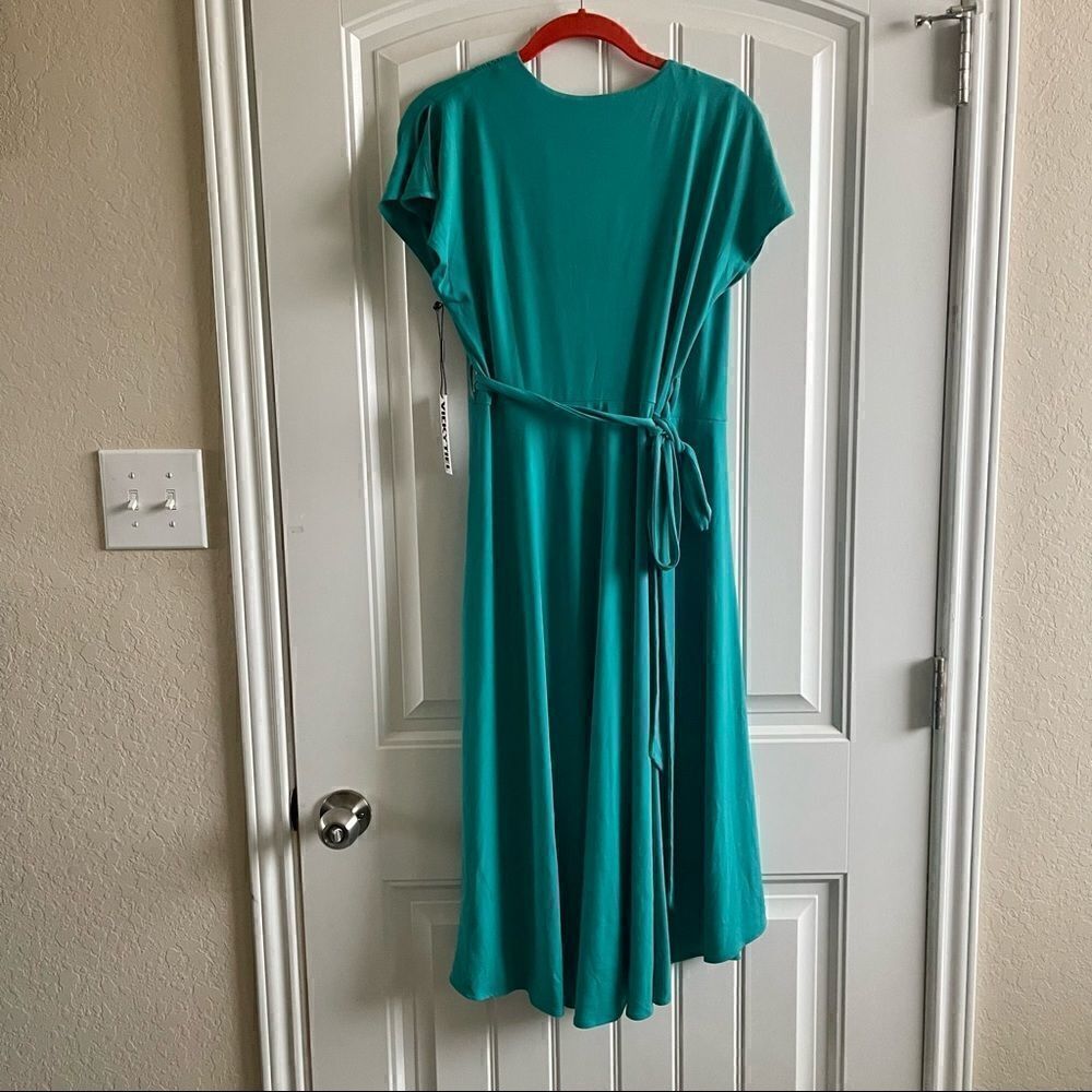 Vicky Tiel Teal Green Wrap Midi Dress Flutter Sleeve Size S NWT - Picture 3 of 10
